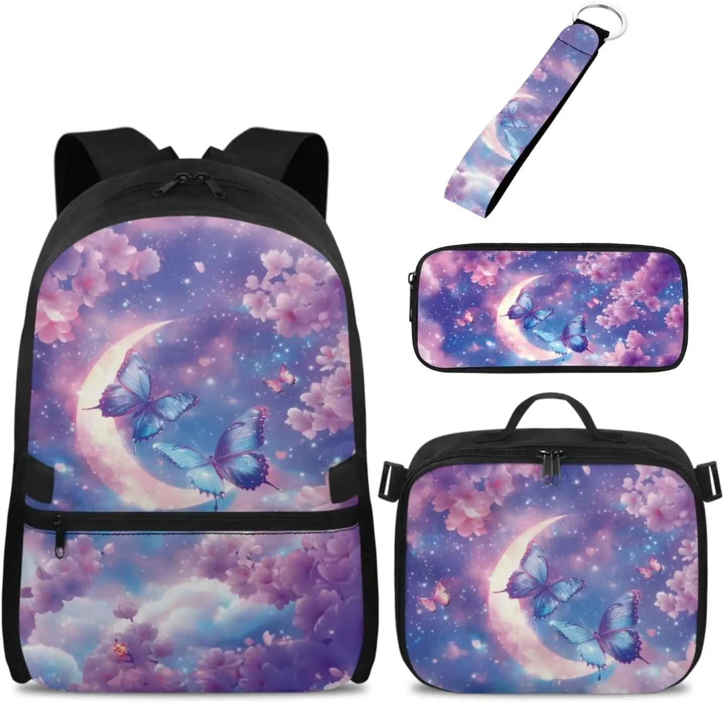 Babrukda School Backpack Set with Lunch Bag for Girls Pencil Case Organizer Kids School Bag with Pencil Box Case Storage Portable Cooler Food Lunch Tote Bag with Keychain, Cherry Blossoms Butterfly