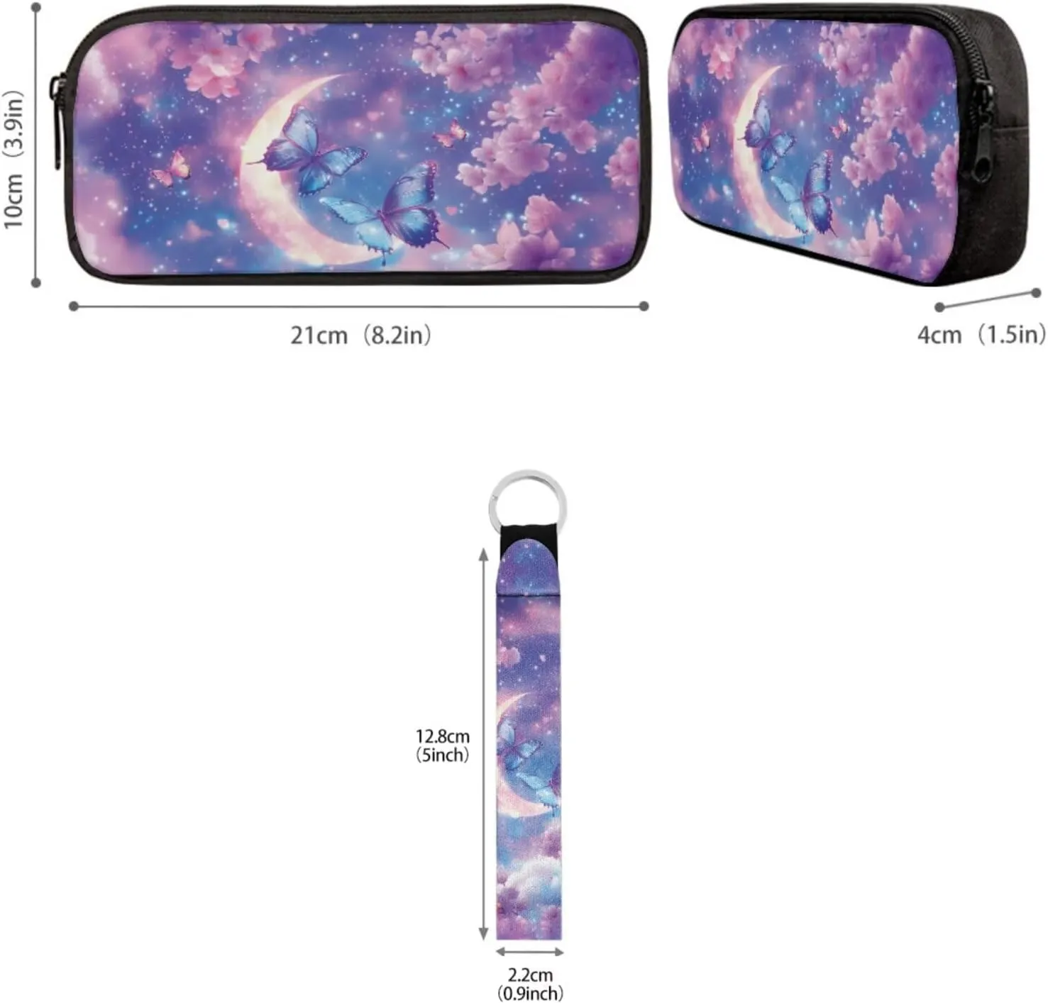 Babrukda School Backpack Set with Lunch Bag for Girls Pencil Case Organizer Kids School Bag with Pencil Box Case Storage Portable Cooler Food Lunch Tote Bag with Keychain, Cherry Blossoms Butterfly