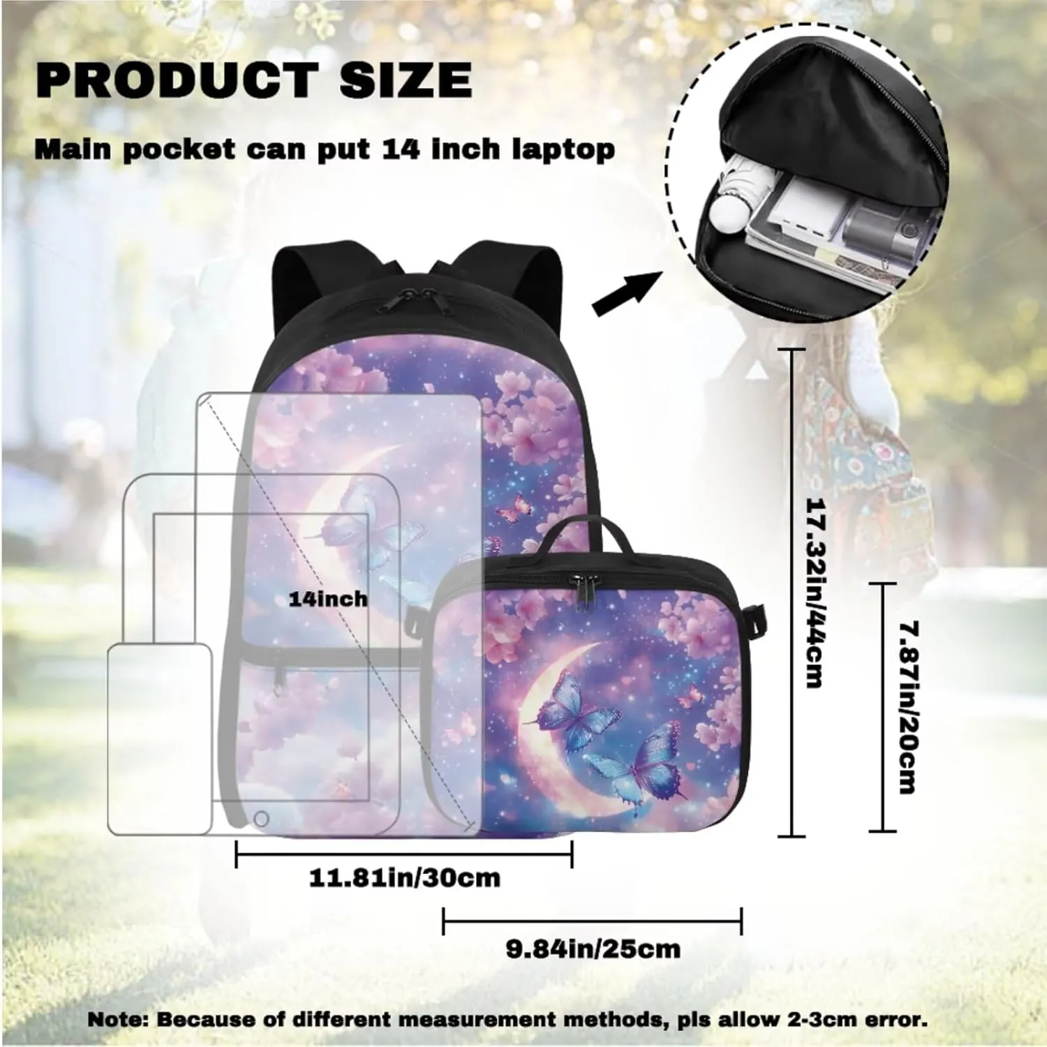 Babrukda School Backpack Set with Lunch Bag for Girls Pencil Case Organizer Kids School Bag with Pencil Box Case Storage Portable Cooler Food Lunch Tote Bag with Keychain, Cherry Blossoms Butterfly