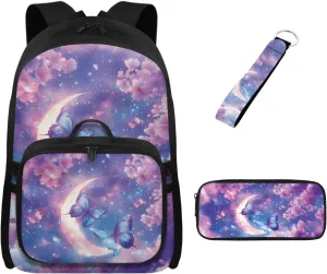 Babrukda School Backpack Set with Lunch Bag for Girls Pencil Case Organizer Kids School Bag with Pencil Box Case Storage Portable Cooler Food Lunch Tote Bag with Keychain, Cherry Blossoms Butterfly