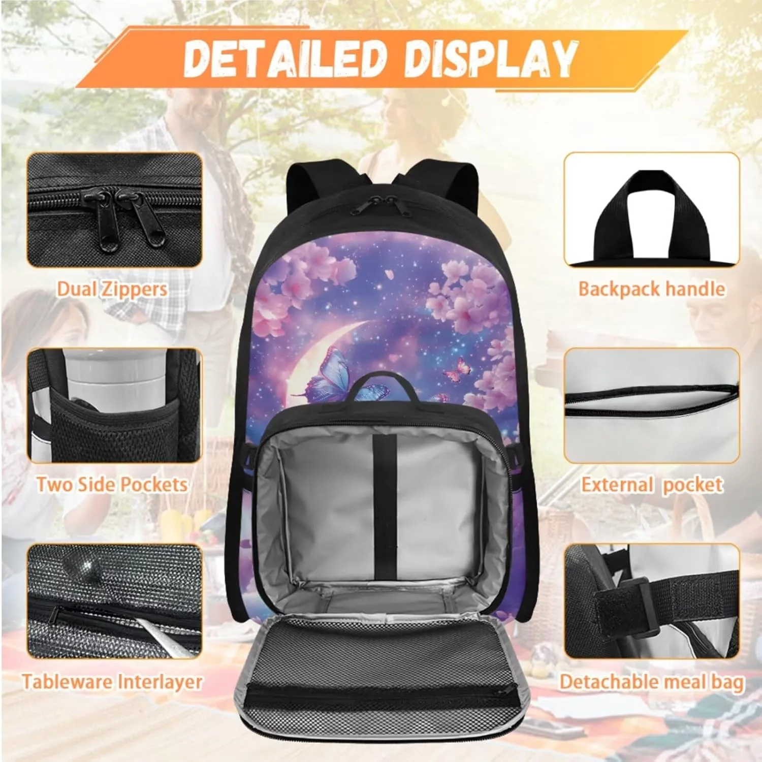 Babrukda School Backpack Set with Lunch Bag for Girls Pencil Case Organizer Kids School Bag with Pencil Box Case Storage Portable Cooler Food Lunch Tote Bag with Keychain, Cherry Blossoms Butterfly