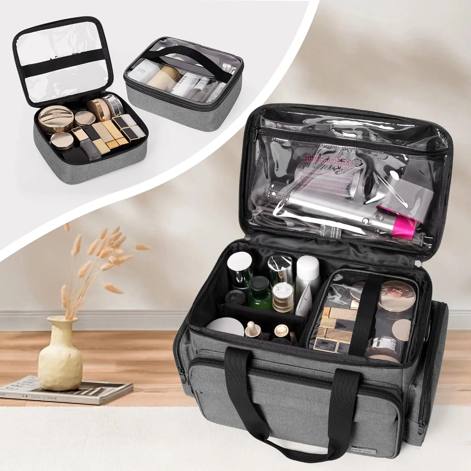 BAFASO Large Makeup Bag with 2 Removable Pouches and Detachable Dividers, Multifunctional Cosmetic Bag to Keep Makeup and Hair Supplies (Patent Pending), Gray