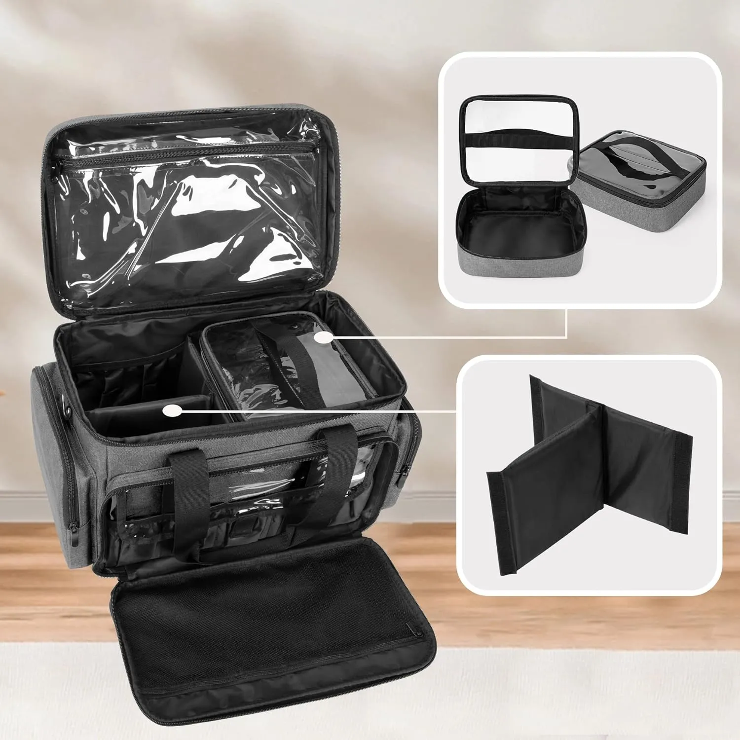 BAFASO Large Makeup Bag with 2 Removable Pouches and Detachable Dividers, Multifunctional Cosmetic Bag to Keep Makeup and Hair Supplies (Patent Pending), Gray