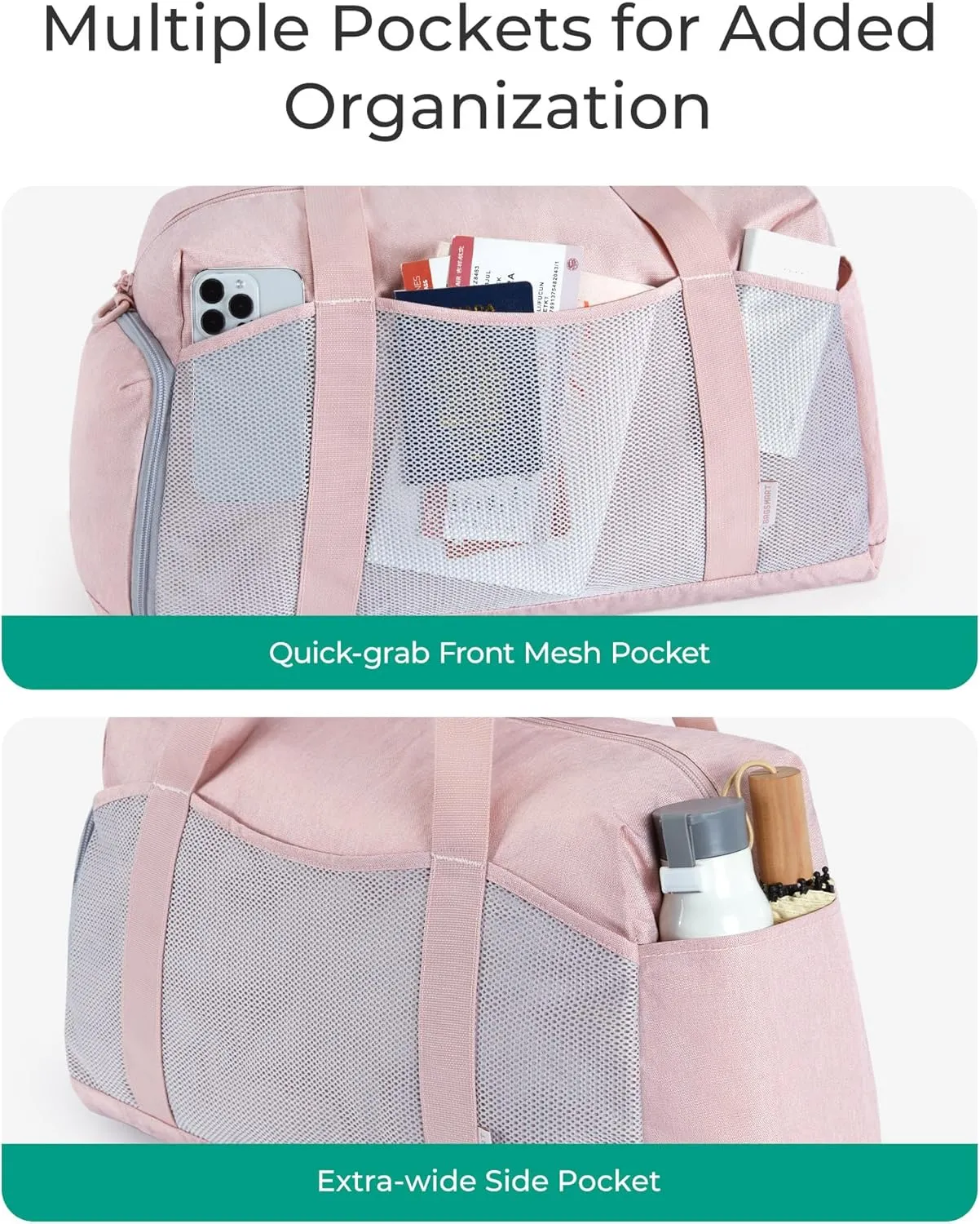 BAGSMART Foldable Duffle Bag for Women - 35L Carry On Weekender Overnight Sports Duffel with Shoe Compartment, Personal Item Travel Workout Bag for Travel Yoga, Beige
