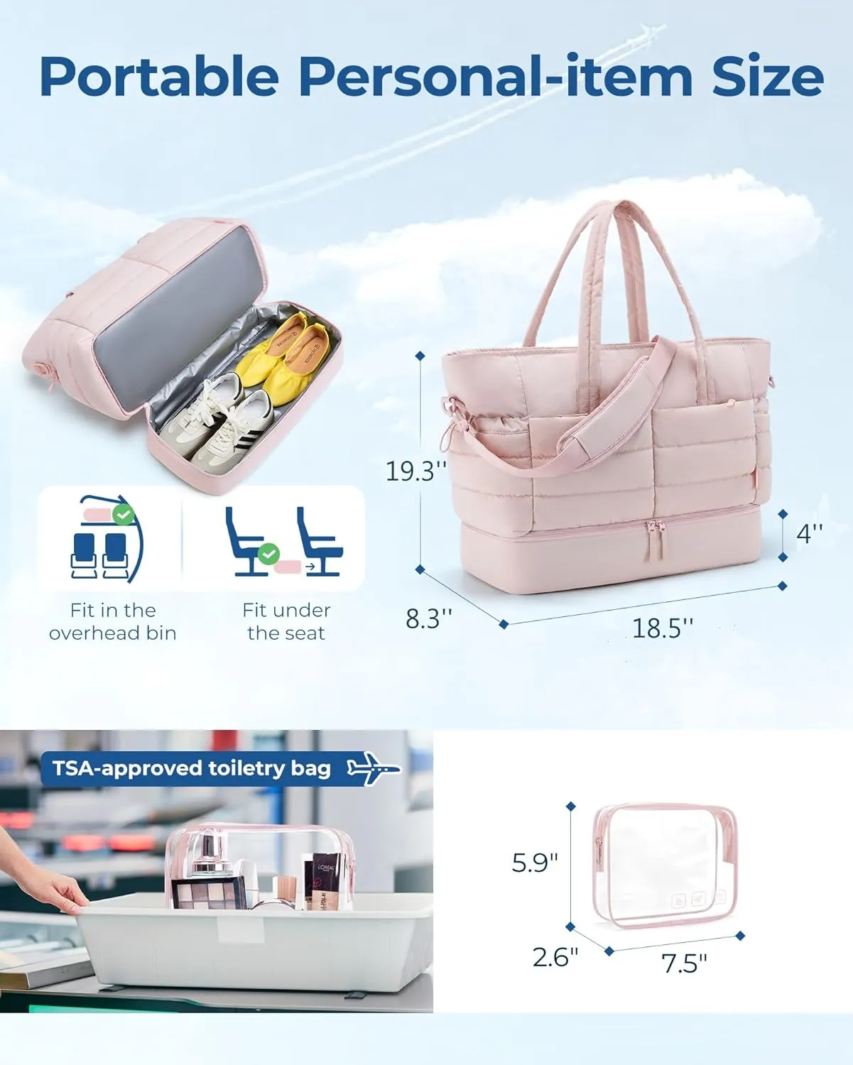 BAGSMART Large Travel Duffel Bag with Shoe Compartment, Puffer Carry-On Gym Weekender Bag for Women, Camel
