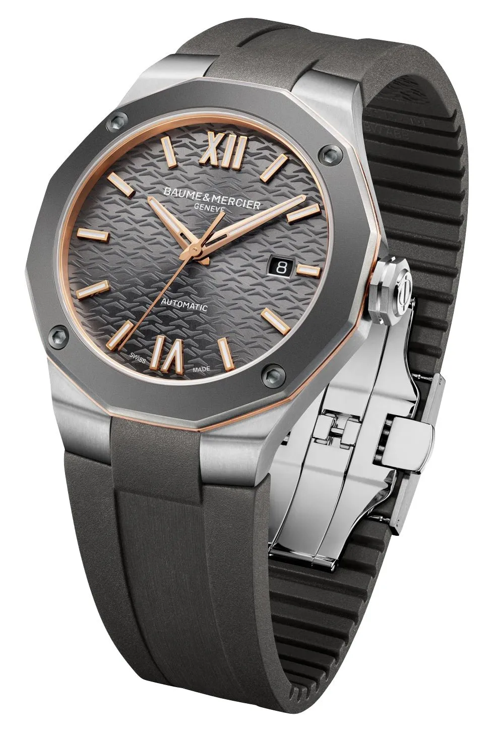 Baume & Mercier Riviera Automatic Stainless Steel & Titanium Gray Dial Gray Rubber Strap Date Mens Watch M0A10660