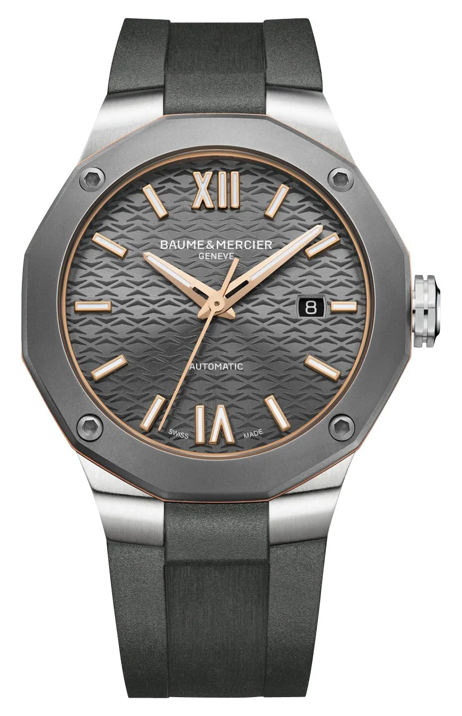 Baume & Mercier Riviera Automatic Stainless Steel & Titanium Gray Dial Gray Rubber Strap Date Mens Watch M0A10660
