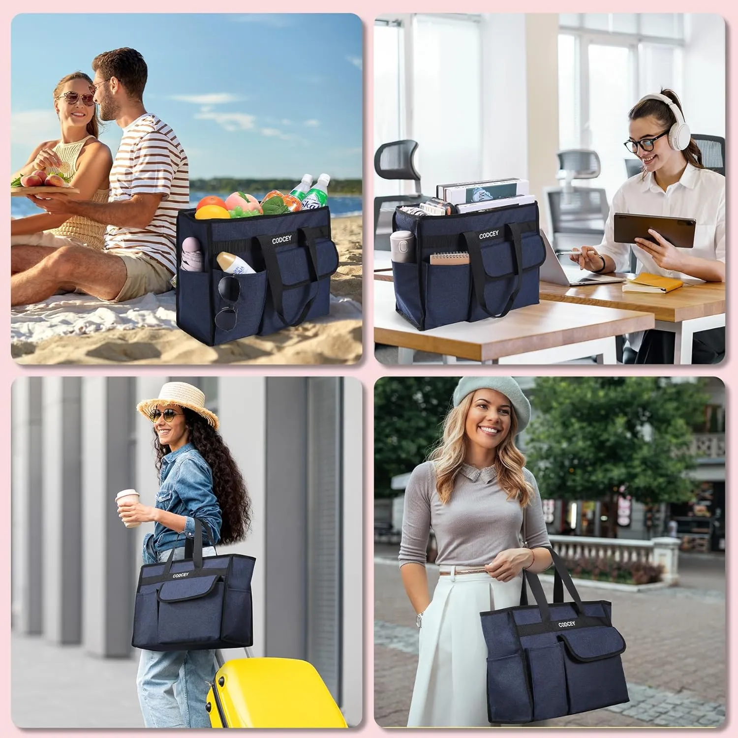 Beach Bags for Women 9 Pockets Large Utility Tote Pool Bags with Zipper Ladies Waterproof Gym Carry On Bag