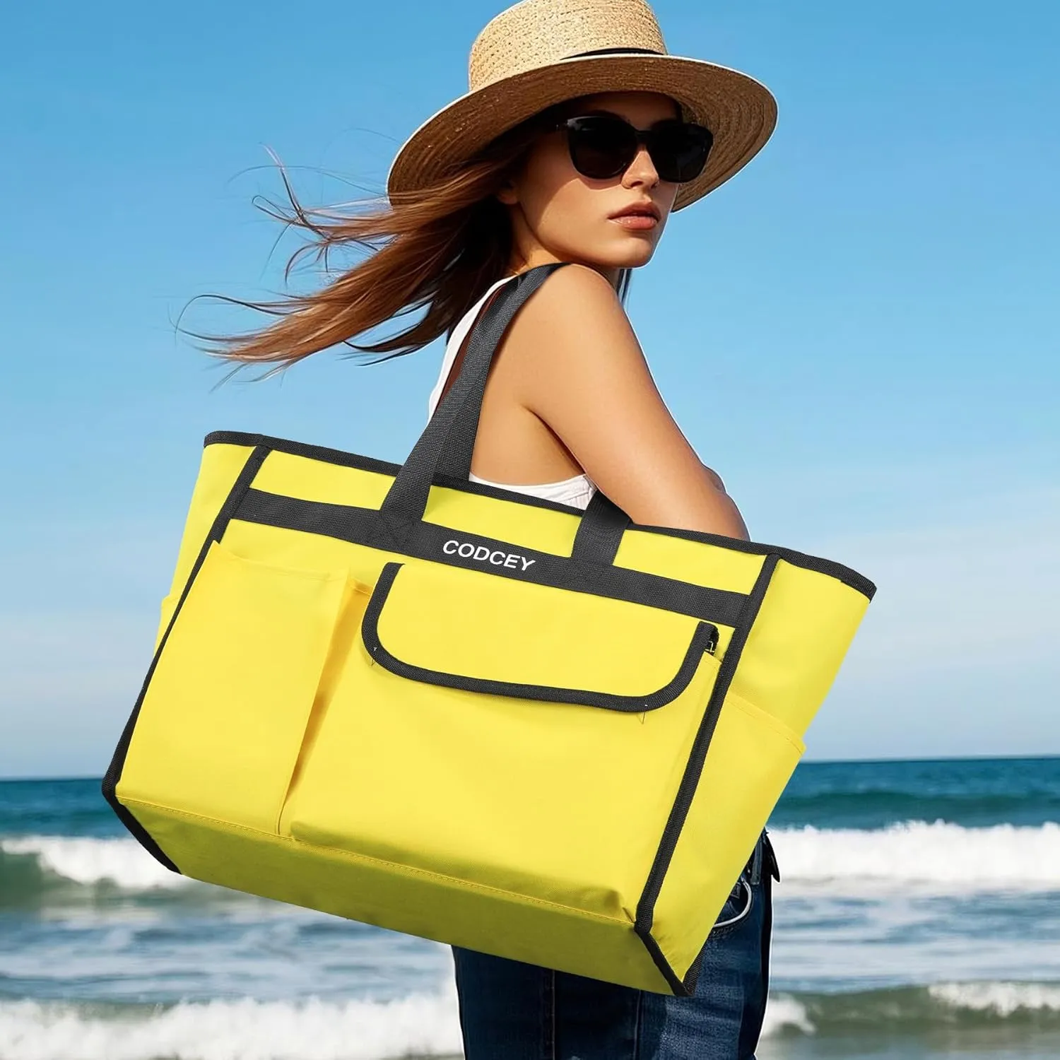Beach Bags for Women 9 Pockets Large Utility Tote Pool Bags with Zipper Ladies Waterproof Gym Carry On Bag