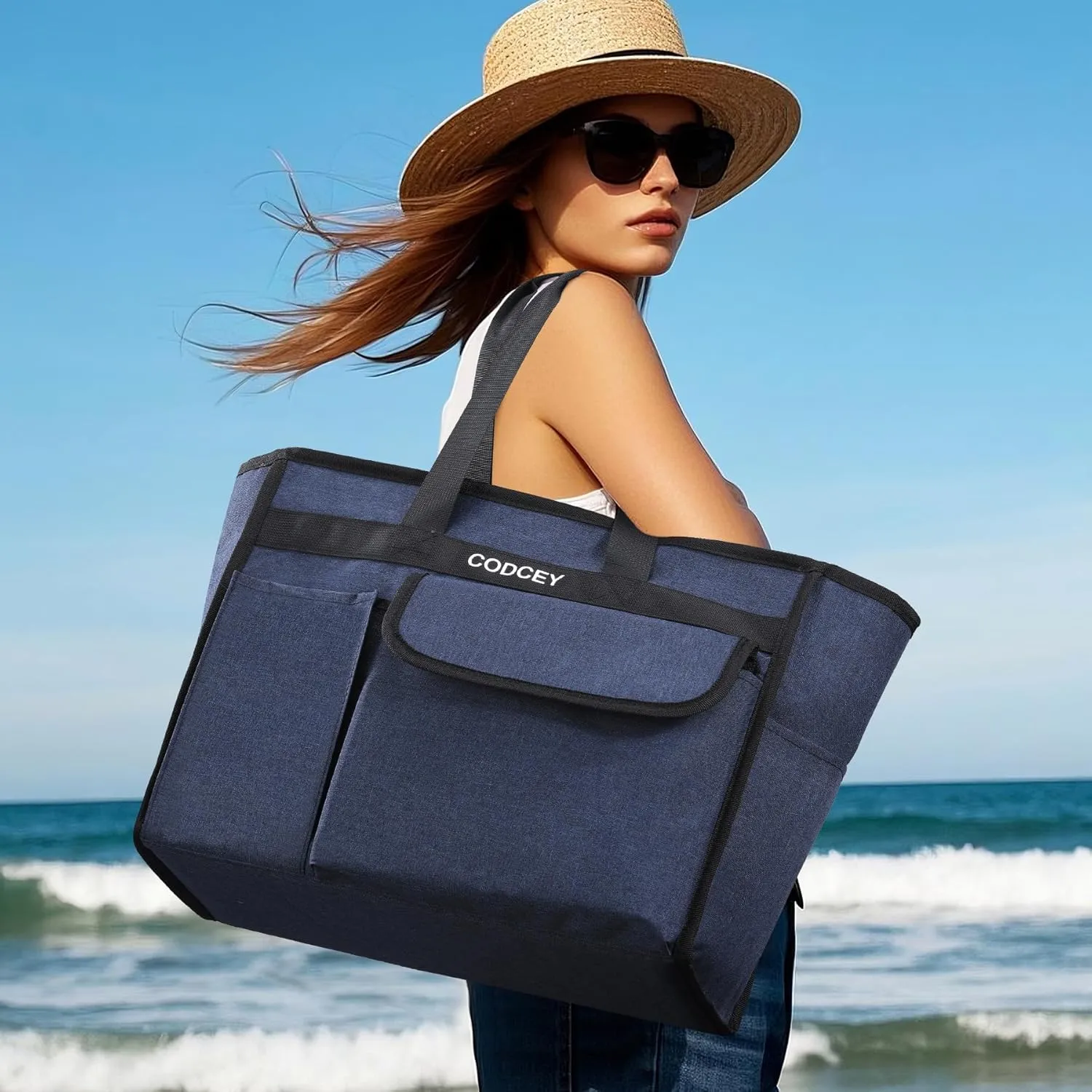 Beach Bags for Women 9 Pockets Large Utility Tote Pool Bags with Zipper Ladies Waterproof Gym Carry On Bag