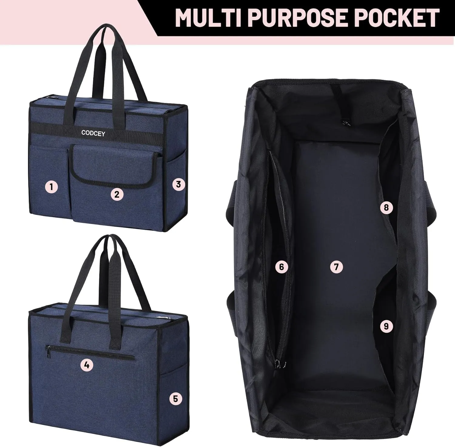 Beach Bags for Women 9 Pockets Large Utility Tote Pool Bags with Zipper Ladies Waterproof Gym Carry On Bag
