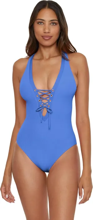 BECCA Women's Modern Edge One Piece Swimsuit, Plunge Neck, Criss Cross, Bathing Suits