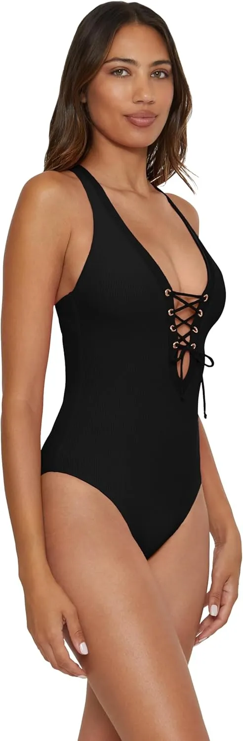 BECCA Women's Modern Edge One Piece Swimsuit, Plunge Neck, Criss Cross, Bathing Suits