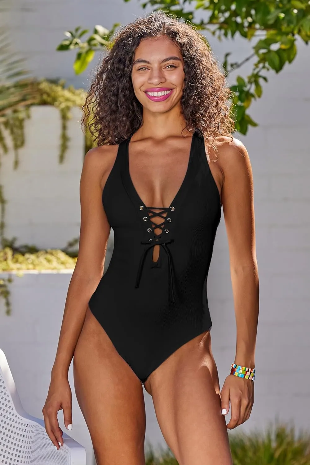 BECCA Women's Modern Edge One Piece Swimsuit, Plunge Neck, Criss Cross, Bathing Suits