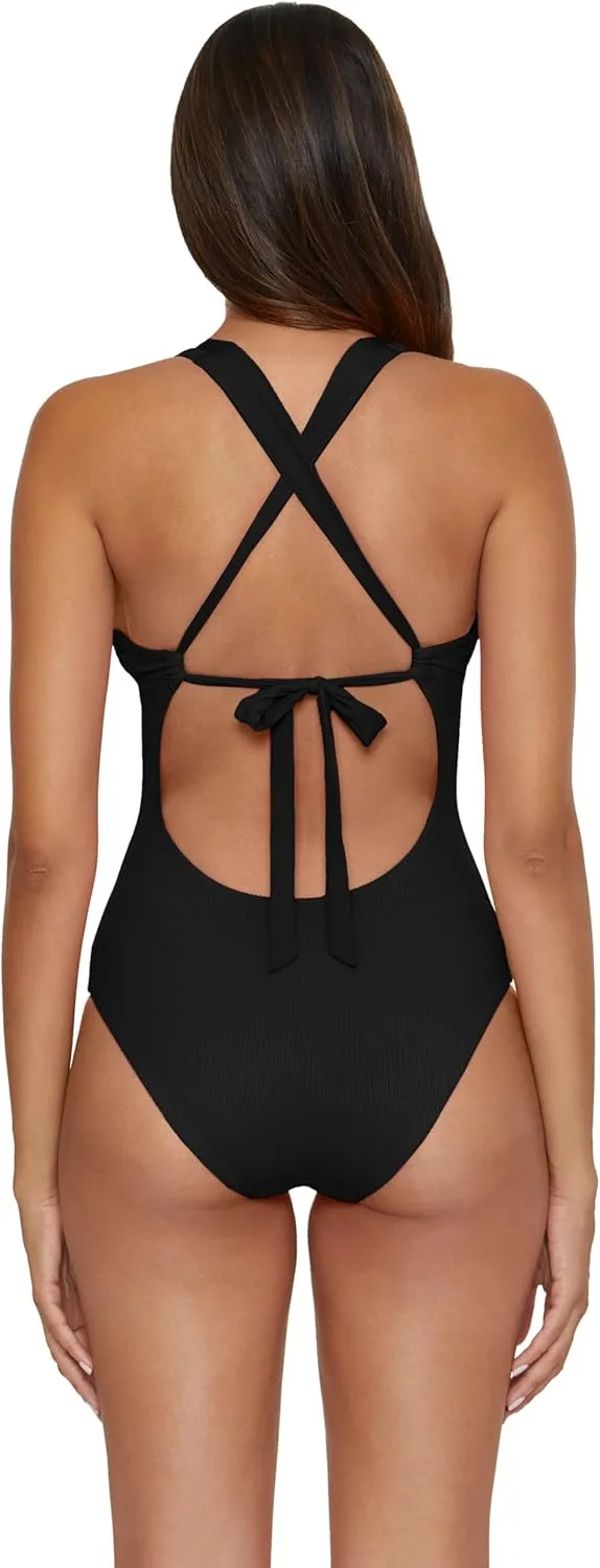 BECCA Women's Modern Edge One Piece Swimsuit, Plunge Neck, Criss Cross, Bathing Suits