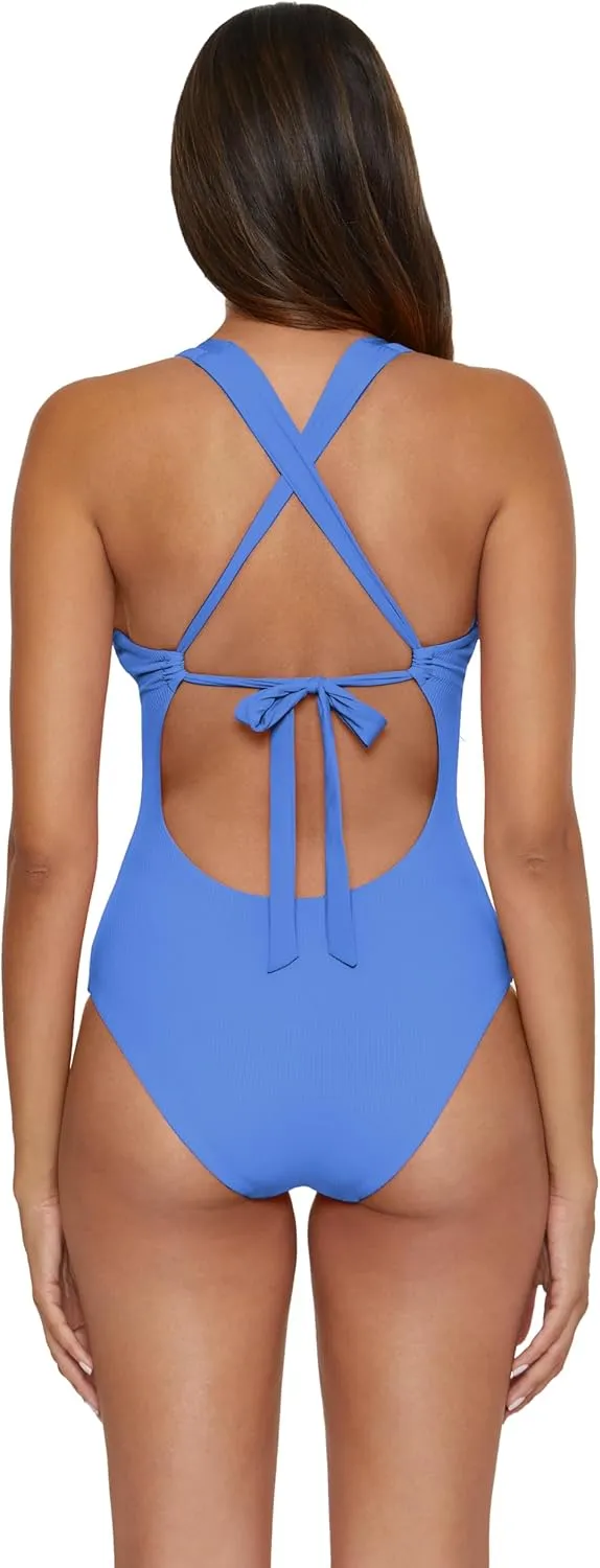 BECCA Women's Modern Edge One Piece Swimsuit, Plunge Neck, Criss Cross, Bathing Suits