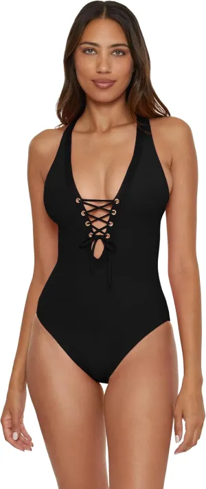 BECCA Women's Modern Edge One Piece Swimsuit, Plunge Neck, Criss Cross, Bathing Suits