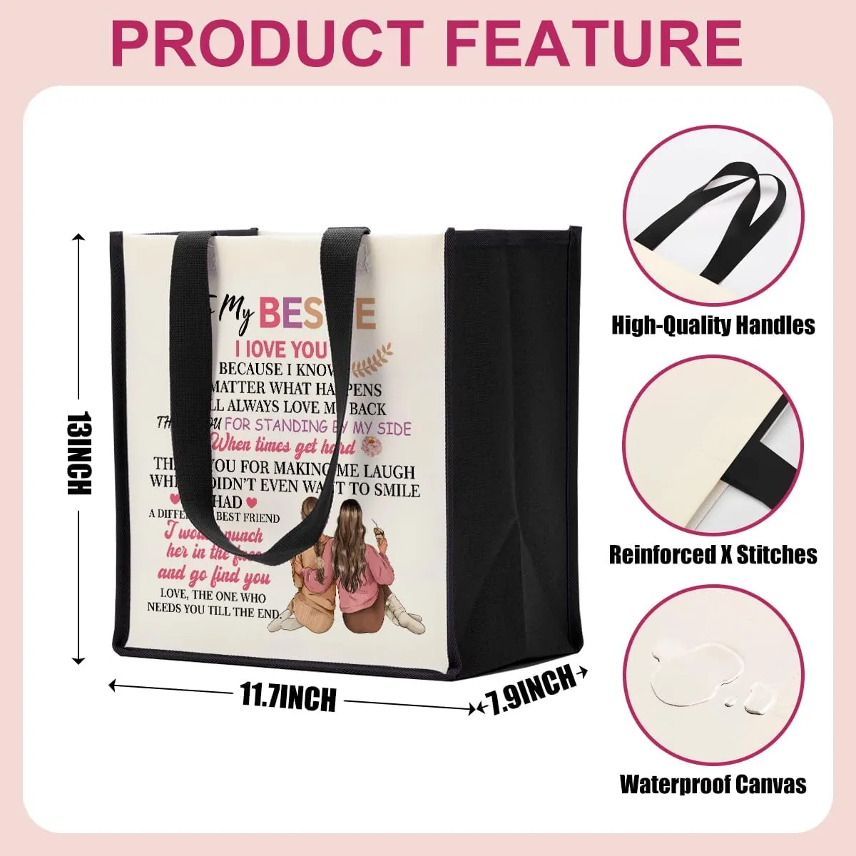 Bestie Friendship Gifts for Women, Best Friend Christmas Birthday Gifts, Canvas Tote Bag Reusable Grocery Bags