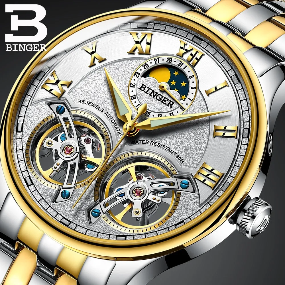 Binger Swiss Double Tourbillon Rugged Luxury Mechanical Watch Men B 8606 B