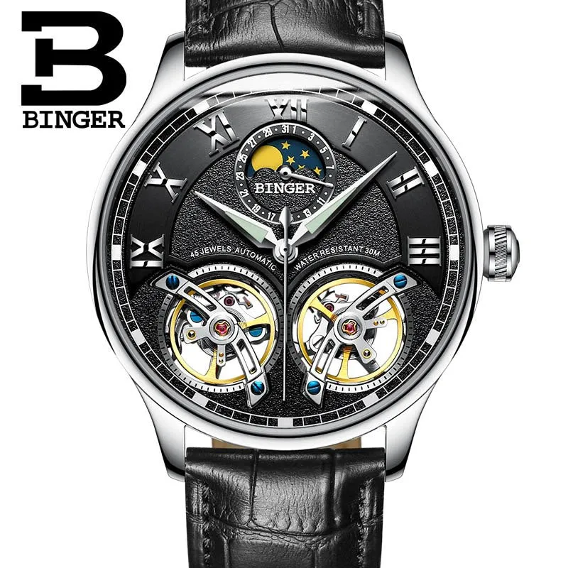 Binger Swiss Double Tourbillon Rugged Luxury Mechanical Watch Men B 8606 B