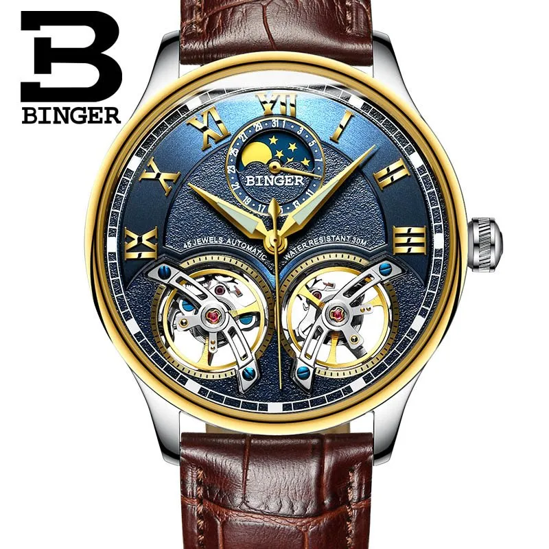 Binger Swiss Double Tourbillon Rugged Luxury Mechanical Watch Men B 8606 B