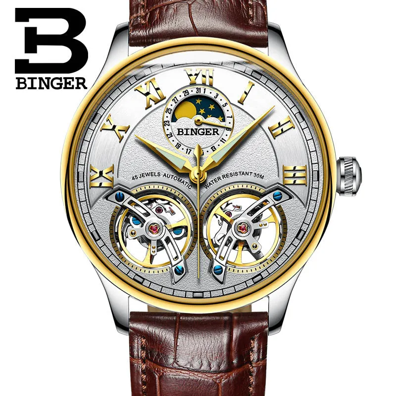 Binger Swiss Double Tourbillon Rugged Luxury Mechanical Watch Men B 8606 B
