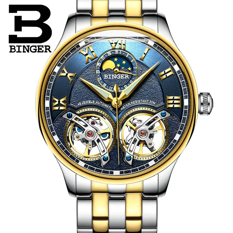 Binger Swiss Double Tourbillon Rugged Luxury Mechanical Watch Men B 8606 B