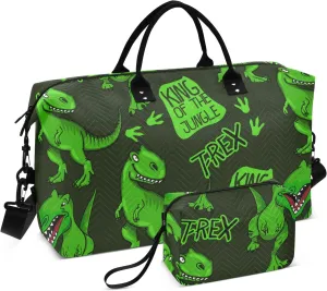 Black Green Dinosaur Travel Duffle Bag Duffel Bags Large Weekender Bag Carry On Duffel Bag Gym Bag with Toiletry Bag Garment Duffle Bags for Yoga Women Airplanes Men Adults Trip Sports