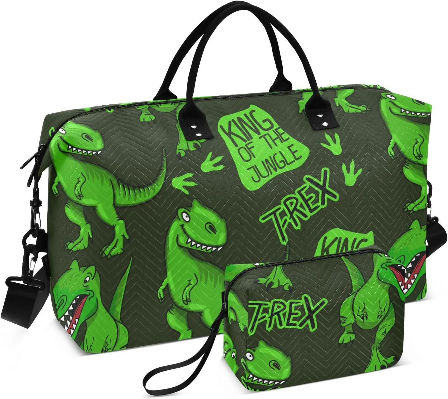 Black Green Dinosaur Travel Duffle Bag Duffel Bags Large Weekender Bag Carry On Duffel Bag Gym Bag with Toiletry Bag Garment Duffle Bags for Yoga Women Airplanes Men Adults Trip Sports