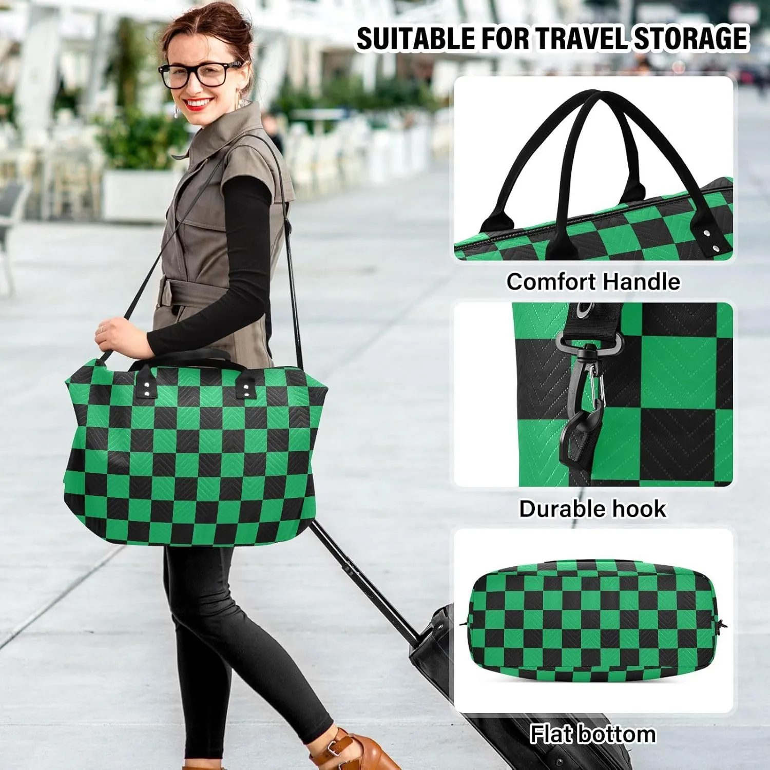 Black Green Squares Travel Duffle Bag Duffel Bags Large Weekender Bag Carry On Duffel Bag Gym Bag with Toiletry Bag Garment Duffle Bags for Airplanes Women Men Yoga Sports Trip Adults