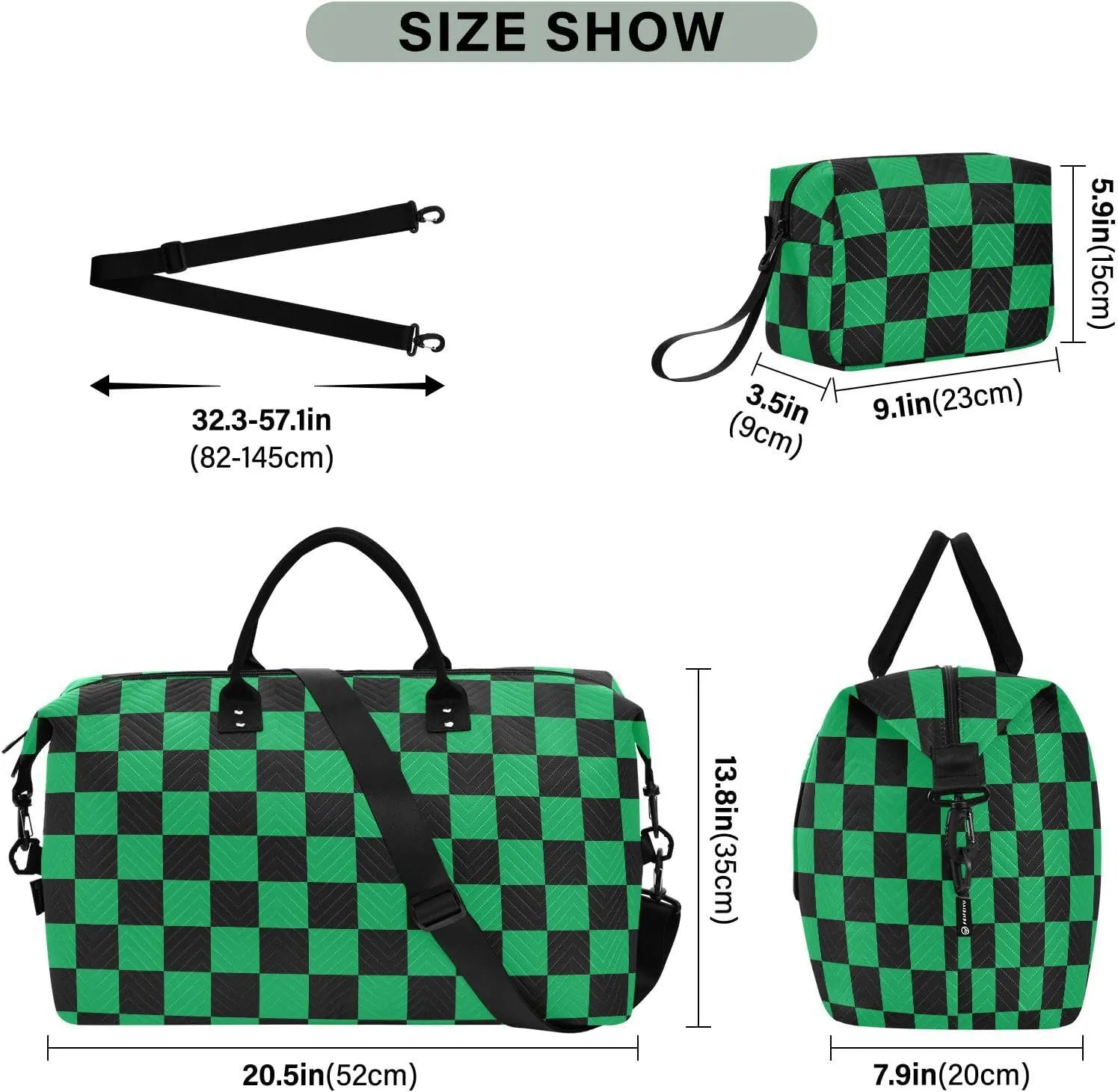 Black Green Squares Travel Duffle Bag Duffel Bags Large Weekender Bag Carry On Duffel Bag Gym Bag with Toiletry Bag Garment Duffle Bags for Airplanes Women Men Yoga Sports Trip Adults