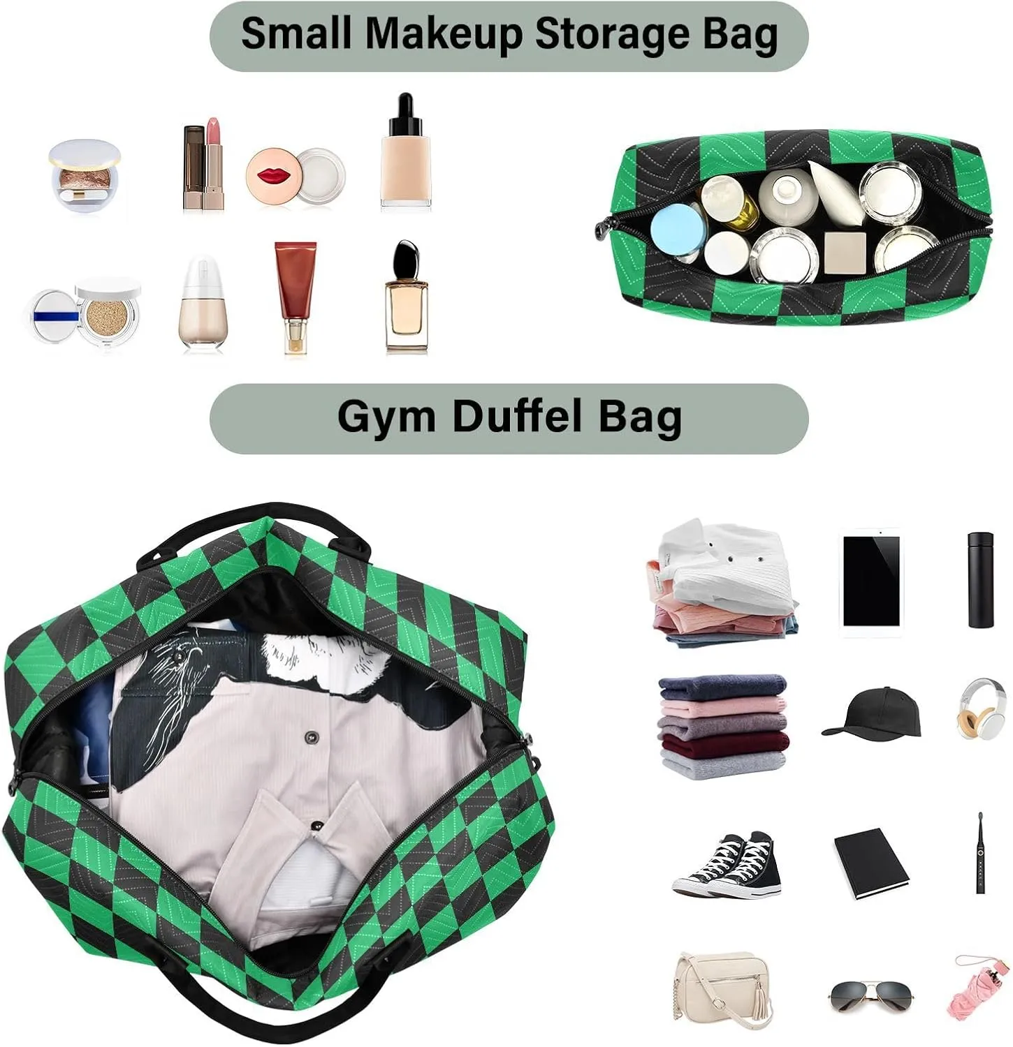 Black Green Squares Travel Duffle Bag Duffel Bags Large Weekender Bag Carry On Duffel Bag Gym Bag with Toiletry Bag Garment Duffle Bags for Airplanes Women Men Yoga Sports Trip Adults