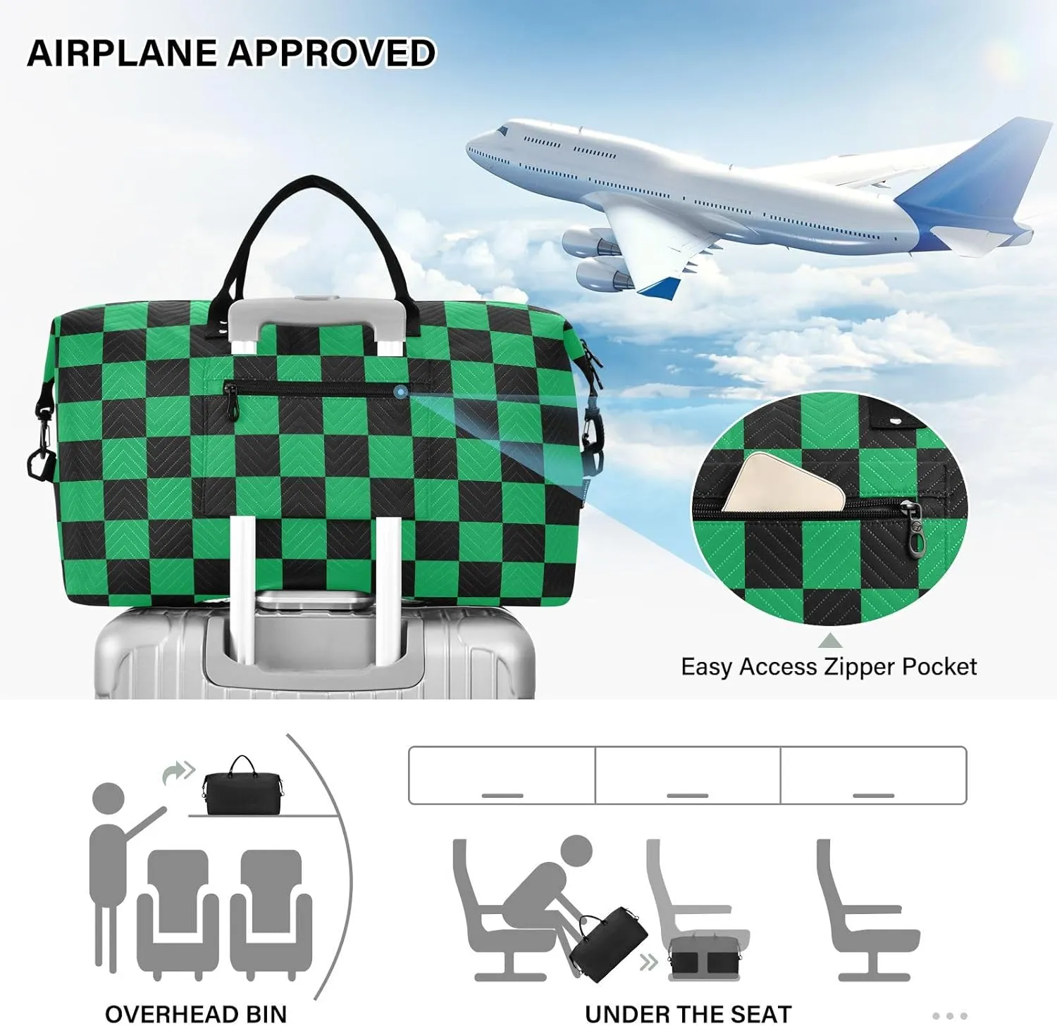 Black Green Squares Travel Duffle Bag Duffel Bags Large Weekender Bag Carry On Duffel Bag Gym Bag with Toiletry Bag Garment Duffle Bags for Airplanes Women Men Yoga Sports Trip Adults