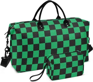 Black Green Squares Travel Duffle Bag Duffel Bags Large Weekender Bag Carry On Duffel Bag Gym Bag with Toiletry Bag Garment Duffle Bags for Airplanes Women Men Yoga Sports Trip Adults