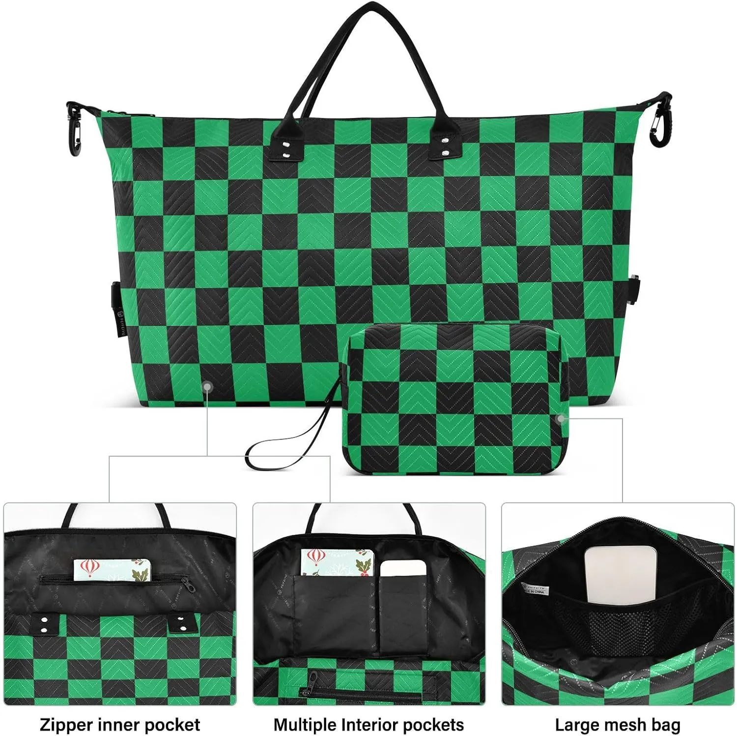 Black Green Squares Travel Duffle Bag Duffel Bags Large Weekender Bag Carry On Duffel Bag Gym Bag with Toiletry Bag Garment Duffle Bags for Airplanes Women Men Yoga Sports Trip Adults
