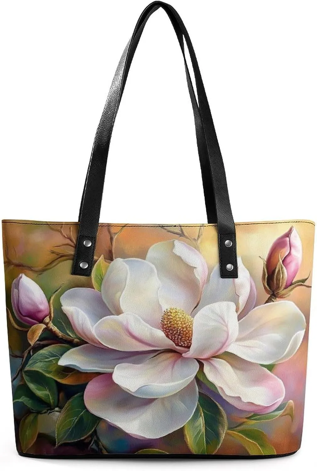 Blooming Magnolia Flower Women Soft Leather Handbags Tote Purses Shoulder Bucket Bags