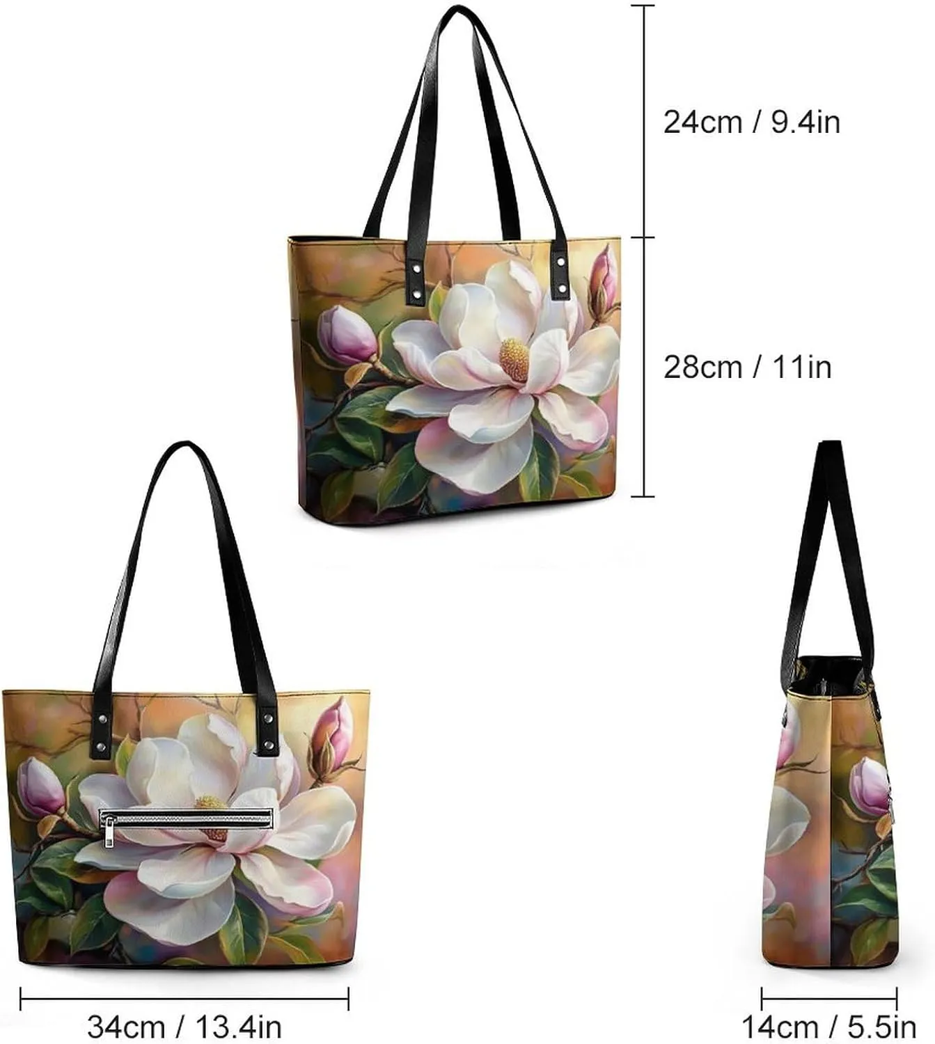 Blooming Magnolia Flower Women Soft Leather Handbags Tote Purses Shoulder Bucket Bags