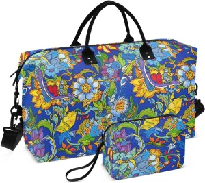 Blue Boho Floral Travel Duffle Bag Duffel Bags Weekender Bag Tote Gym Bag Overnight Duffle Bag Carry On Luggage Bags with Toiletry Bag for Airplanes Women Men Yoga Sports Trip Adults