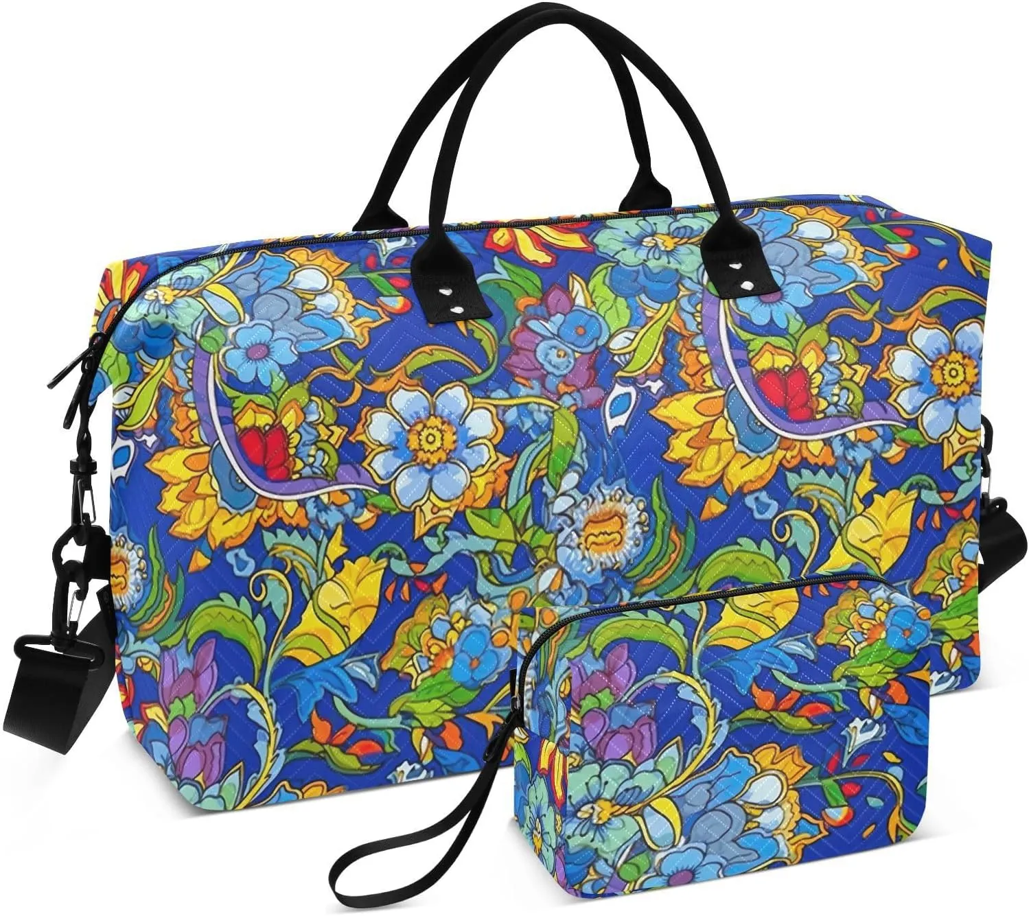 Blue Boho Floral Travel Duffle Bag Duffel Bags Weekender Bag Tote Gym Bag Overnight Duffle Bag Carry On Luggage Bags with Toiletry Bag for Airplanes Women Men Yoga Sports Trip Adults