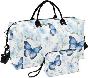 Blue Butterflies Flowers Travel Duffle Bag Duffel Bags Large Weekender Bag Carry On Duffel Bag Gym Bag with Toiletry Bag Garment Duffle Bags for Airplanes Women Men Yoga Sports Ttrip Adults