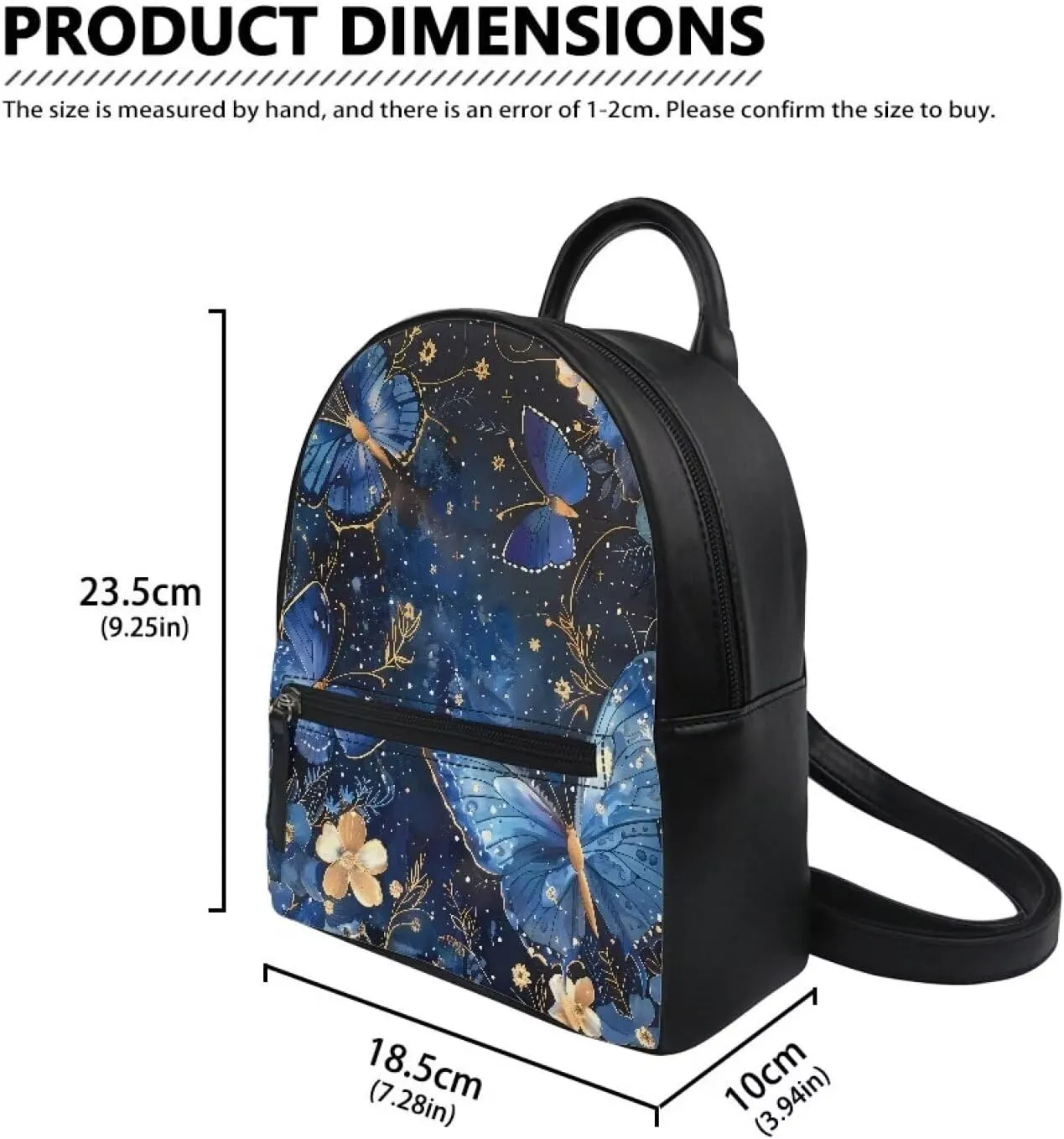 Blue Butterfly Backpack with Zipper and Adjustable Straps Mini Purse Shoulder Bags Casual Handbag Daypack Lightweight Tote Satchel Bags for Travel Beach
