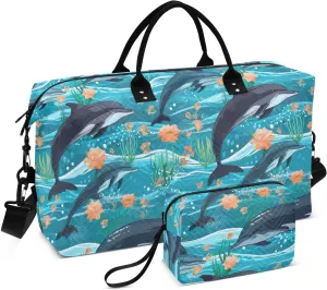 Blue Dolphin Underwater Travel Duffle Bag Duffel Bags Large Weekender Bag Carry On Duffel Bag Gym Bag with Toiletry Bag Garment Duffle Bags for Women Men Adults Airplanes Trip Yoga Sports