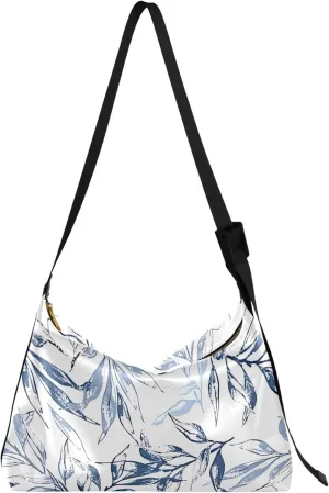 Blue Leaves Art Floral Soft PU Leather Hobo Bags Large Womens Purse Cute Leaf Print Designer Hobo Bags