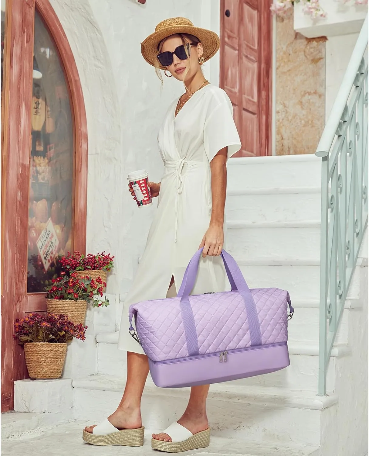 BOSTANTEN Large Travel Duffle Bag with Shoe Compartment and Trolley Sleeve, Waterproof Weekender Bags for Women, Purple