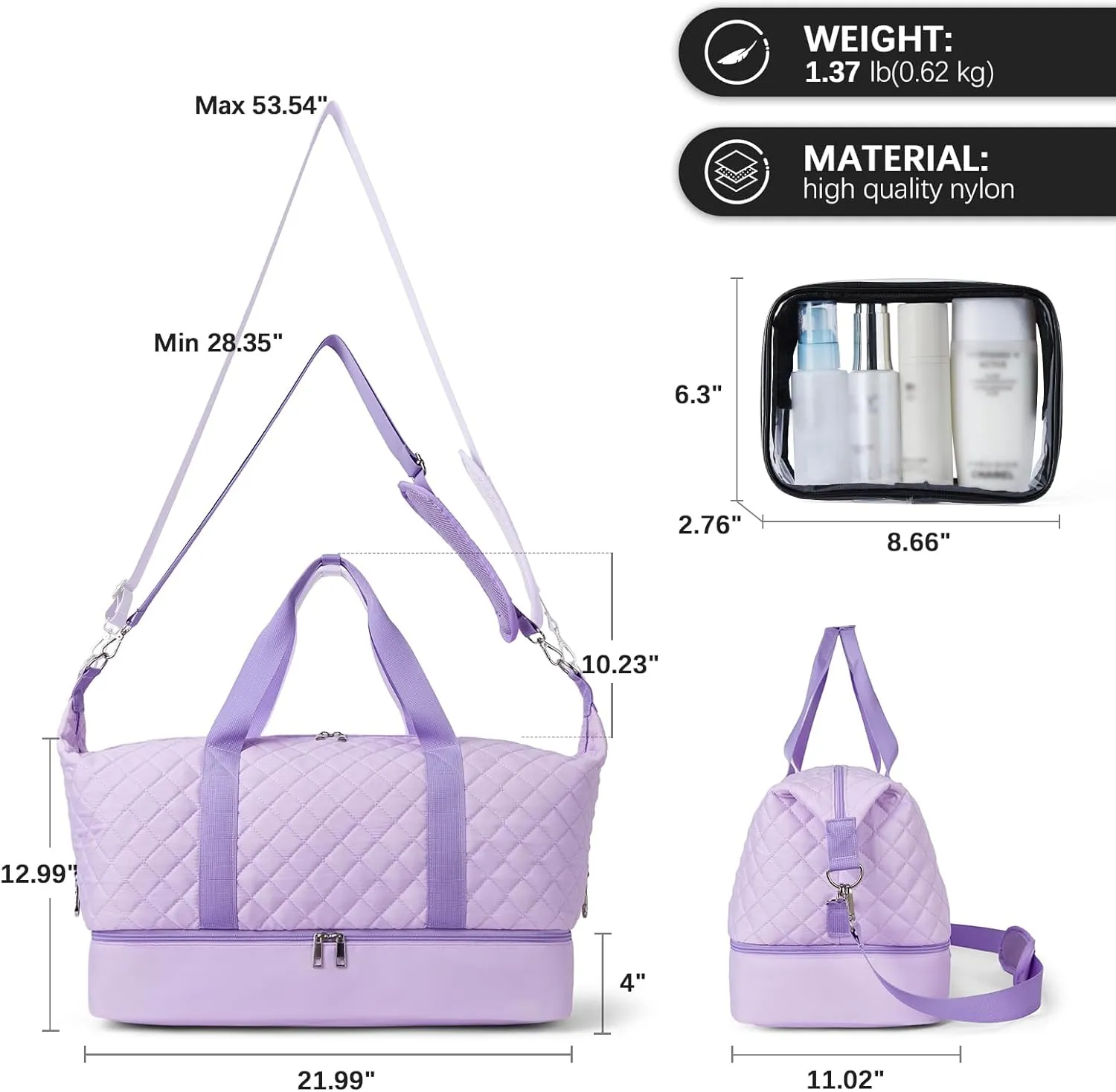 BOSTANTEN Large Travel Duffle Bag with Shoe Compartment and Trolley Sleeve, Waterproof Weekender Bags for Women, Purple