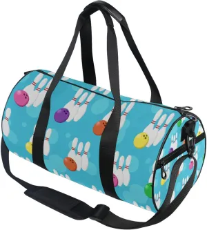Bowling Pins and Balls Blue Gym Duffle Bag for Women Men Sports Fitness Bag Workout Travel Gymnastics Dance Ballet
