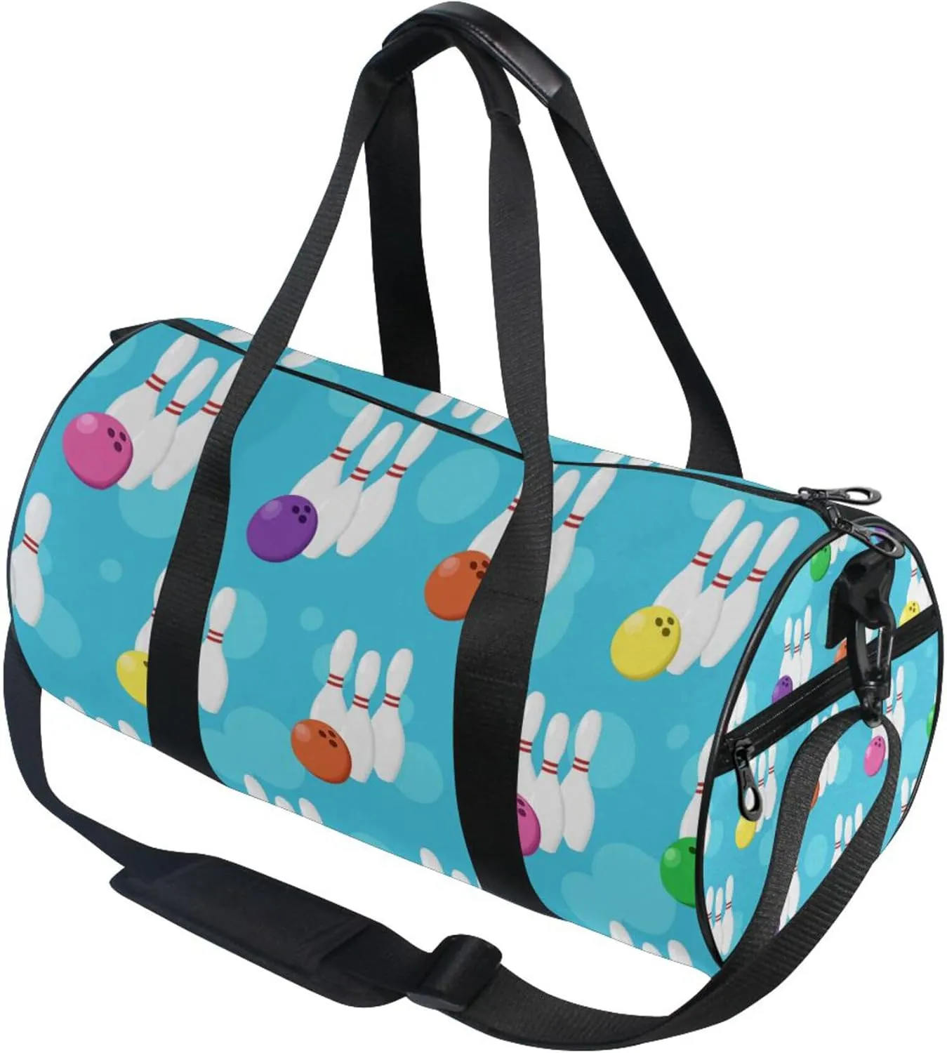 Bowling Pins and Balls Blue Gym Duffle Bag for Women Men Sports Fitness Bag Workout Travel Gymnastics Dance Ballet