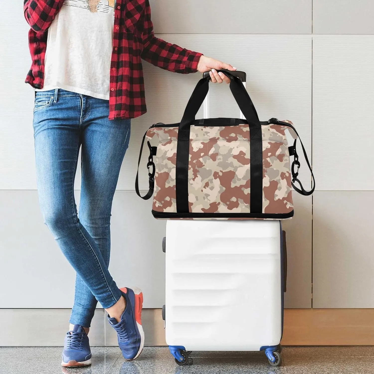 Brown Camouflage Traveling Bags Luggage Expandable Mens Gym Bag, Mens Duffle Bag Weekender Bag with Dry and Wet Separation