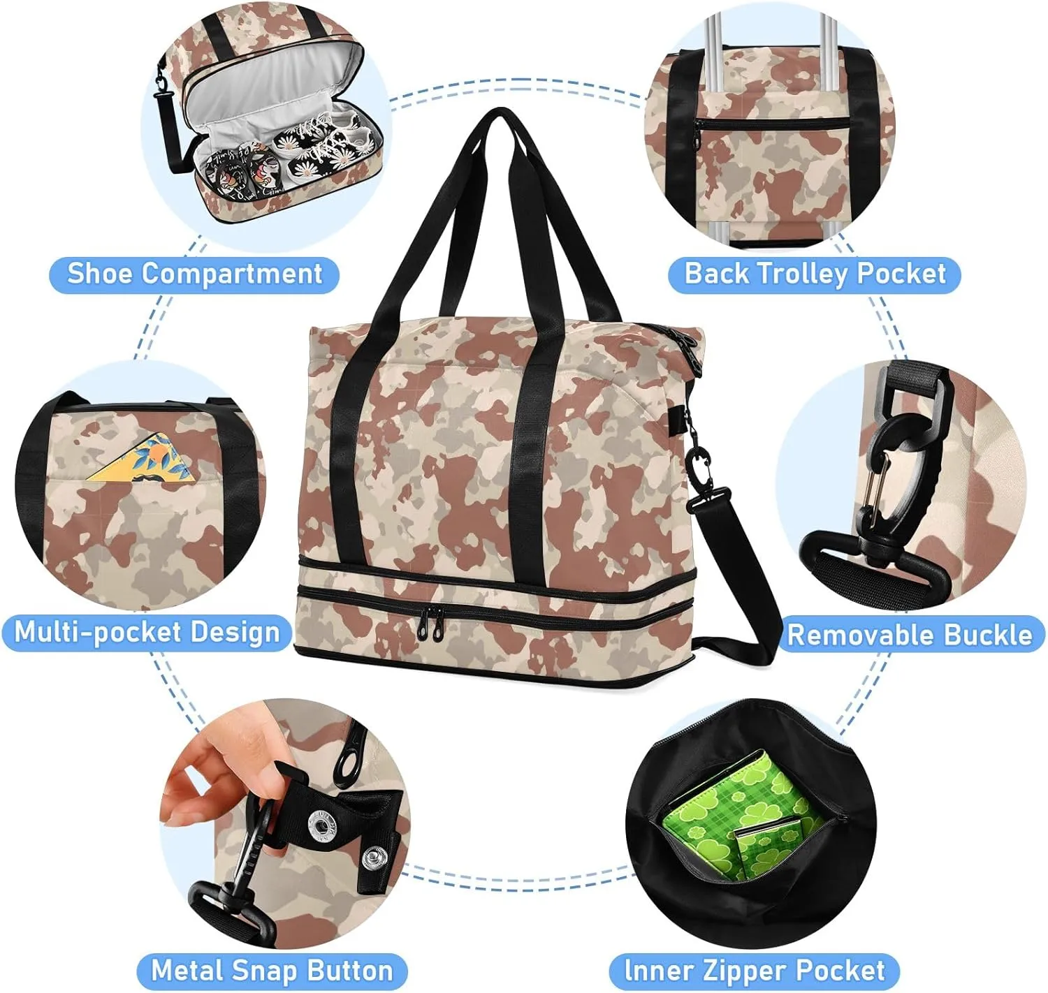Brown Camouflage Traveling Bags Luggage Expandable Mens Gym Bag, Mens Duffle Bag Weekender Bag with Dry and Wet Separation