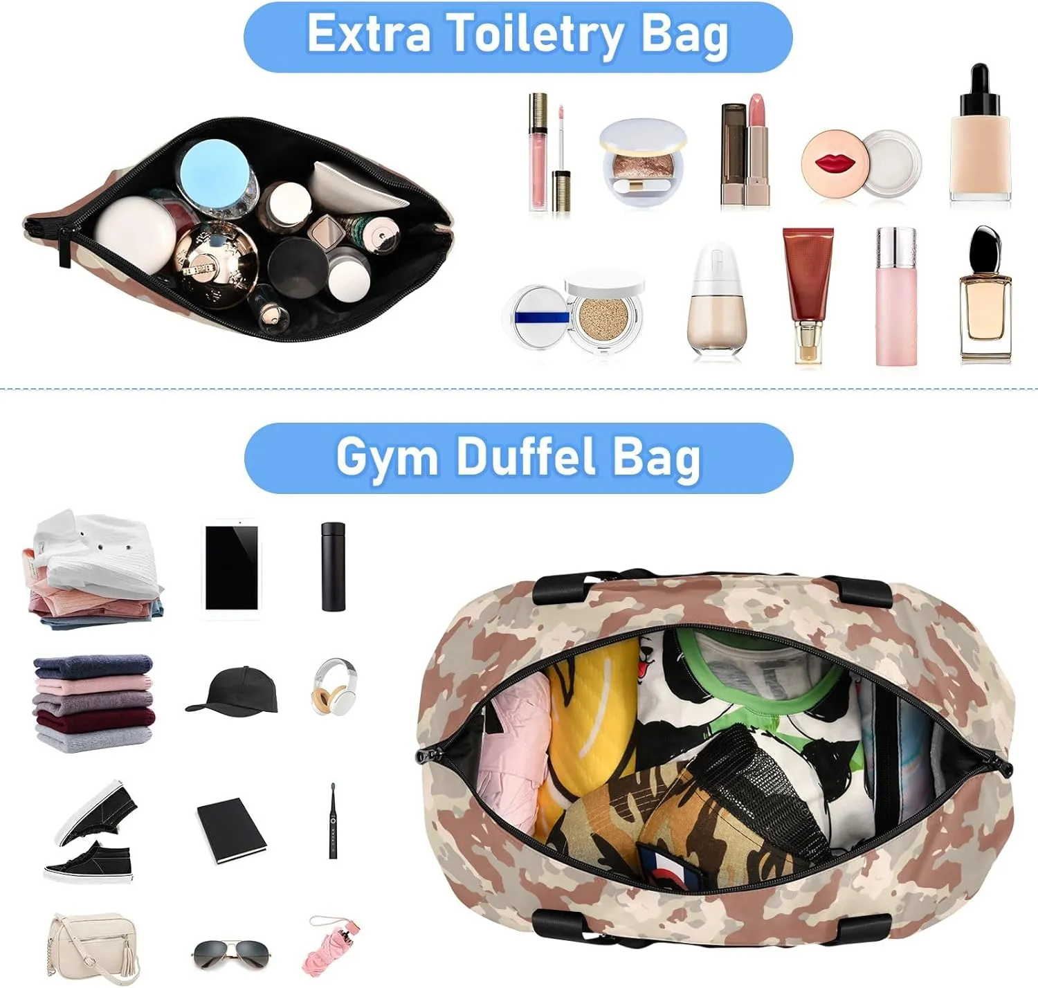 Brown Camouflage Traveling Bags Luggage Expandable Mens Gym Bag, Mens Duffle Bag Weekender Bag with Dry and Wet Separation